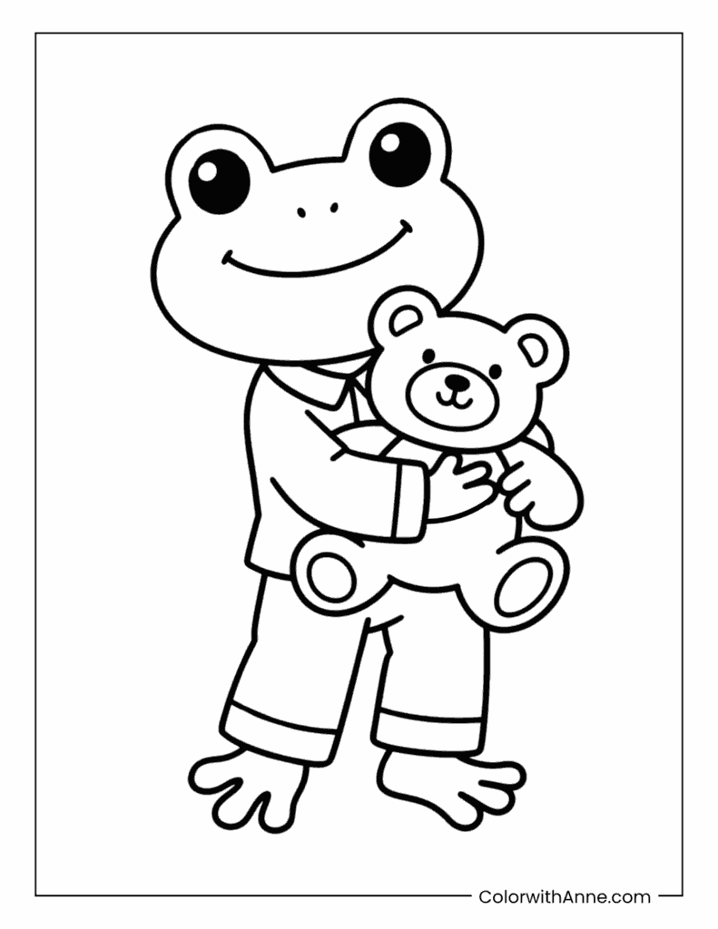 Pajama Frog Holding a Teddy Bear Coloring Page