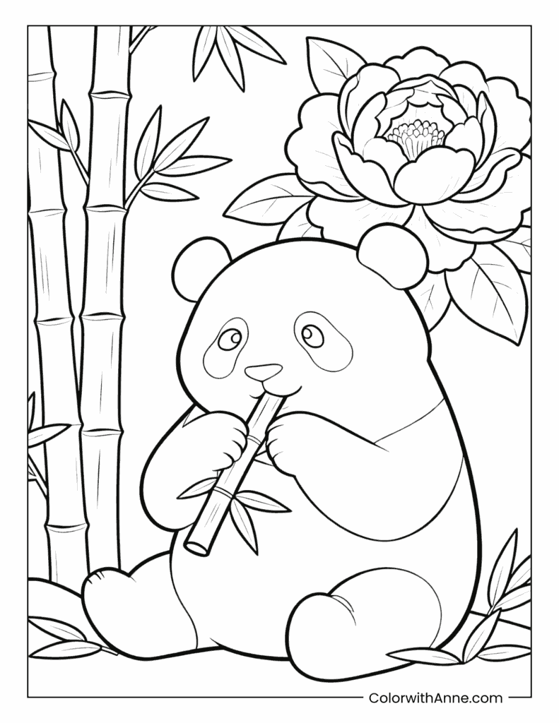Panda Eating Bamboo with a Large Flower Coloring Page