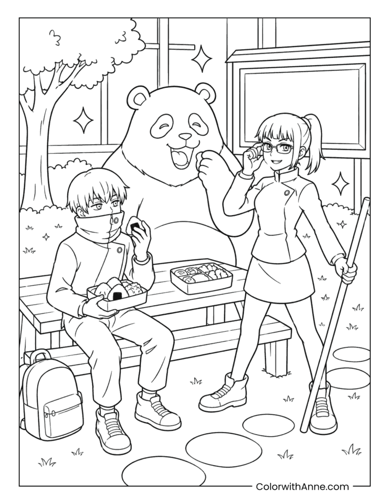 Panda, Toge Inumaki, and Maki Picnic Coloring Page