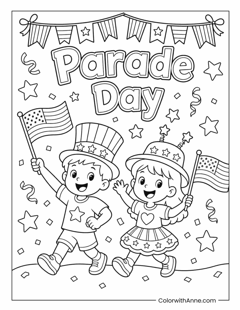 Parade Day Kids with American Flags Coloring Page