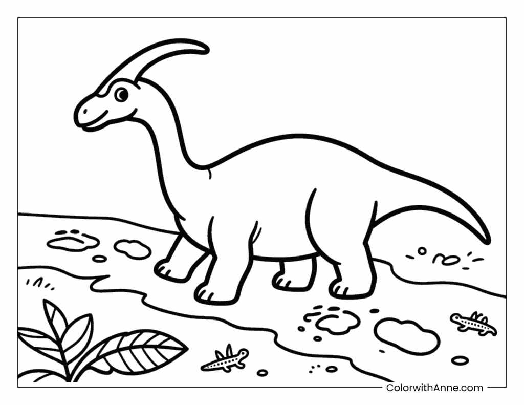 Parasaurolophus Crossing a Muddy Swamp Coloring Page