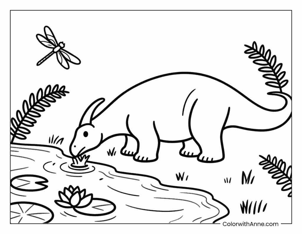 Parasaurolophus Grazing by a River Coloring Page
