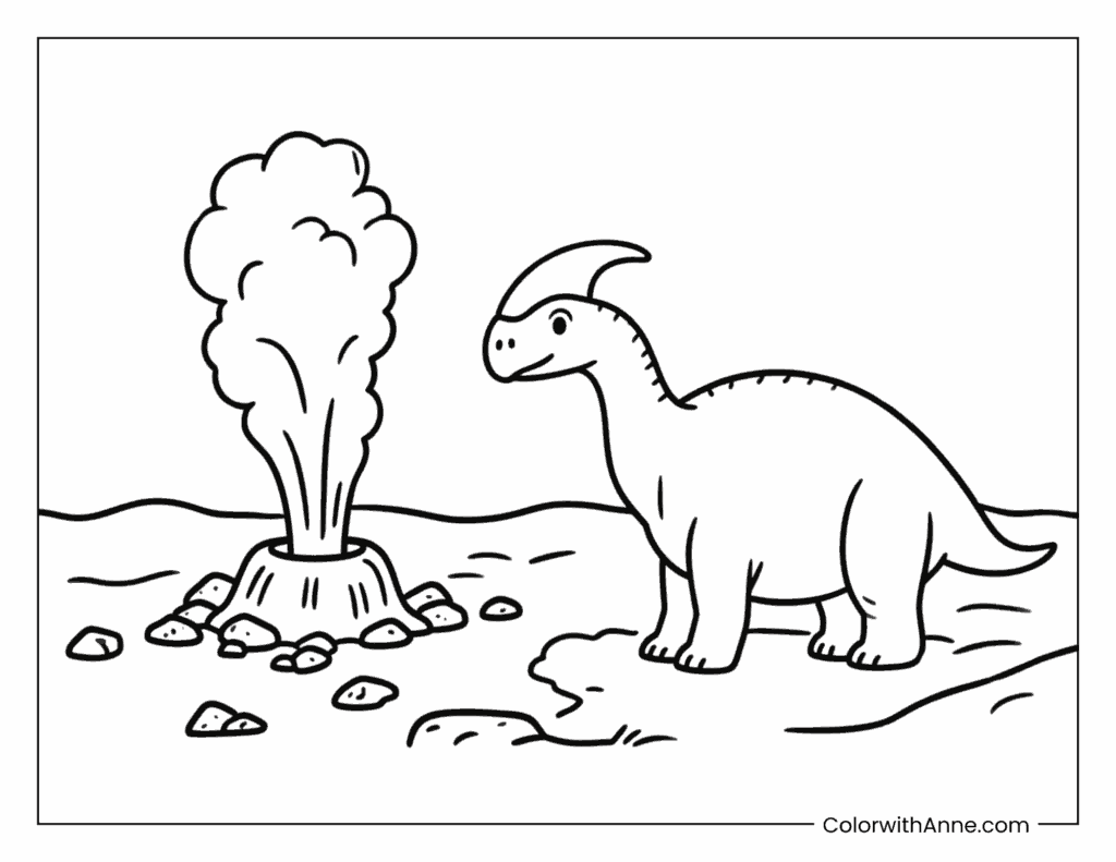 Parasaurolophus by a Geyser Field Coloring Page