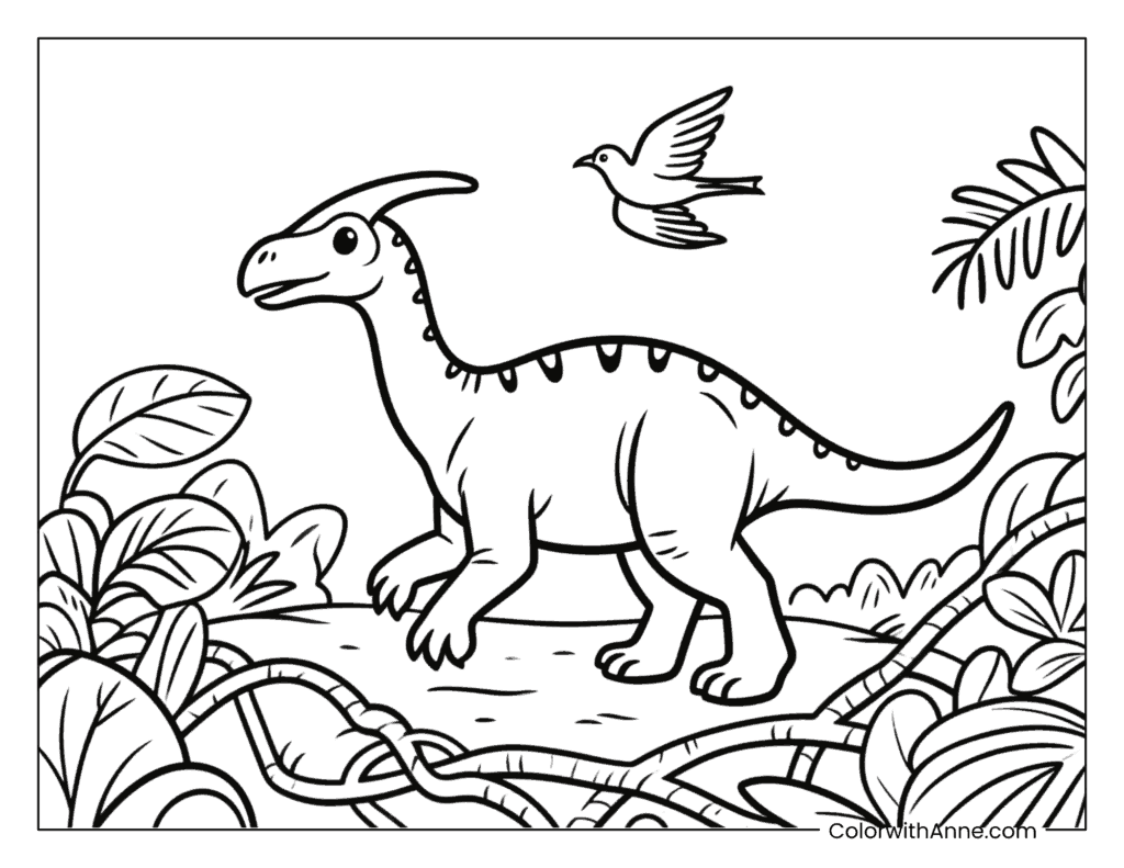 Parasaurolophus in a Dense Jungle Coloring Page