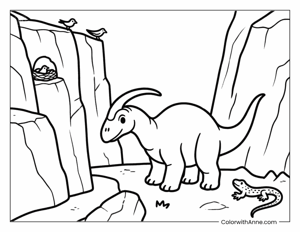 Parasaurolophus in a Rocky Canyon Coloring Page