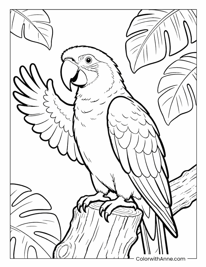 Parrot Waving Wing on a Log with Leaves Coloring Page