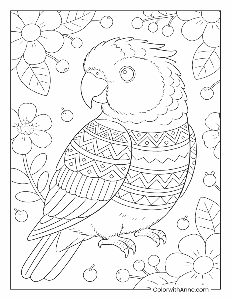Parrot with Geometric Feathers in a Garden Coloring Page