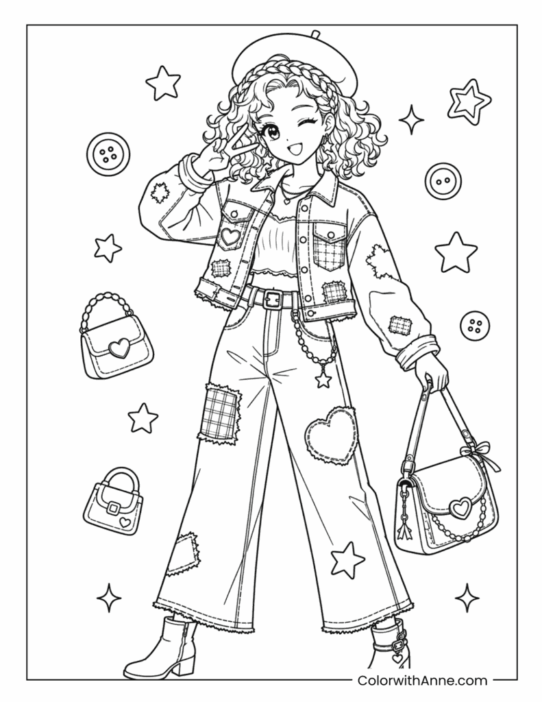 Patchwork Fashion Anime Girl Coloring Page