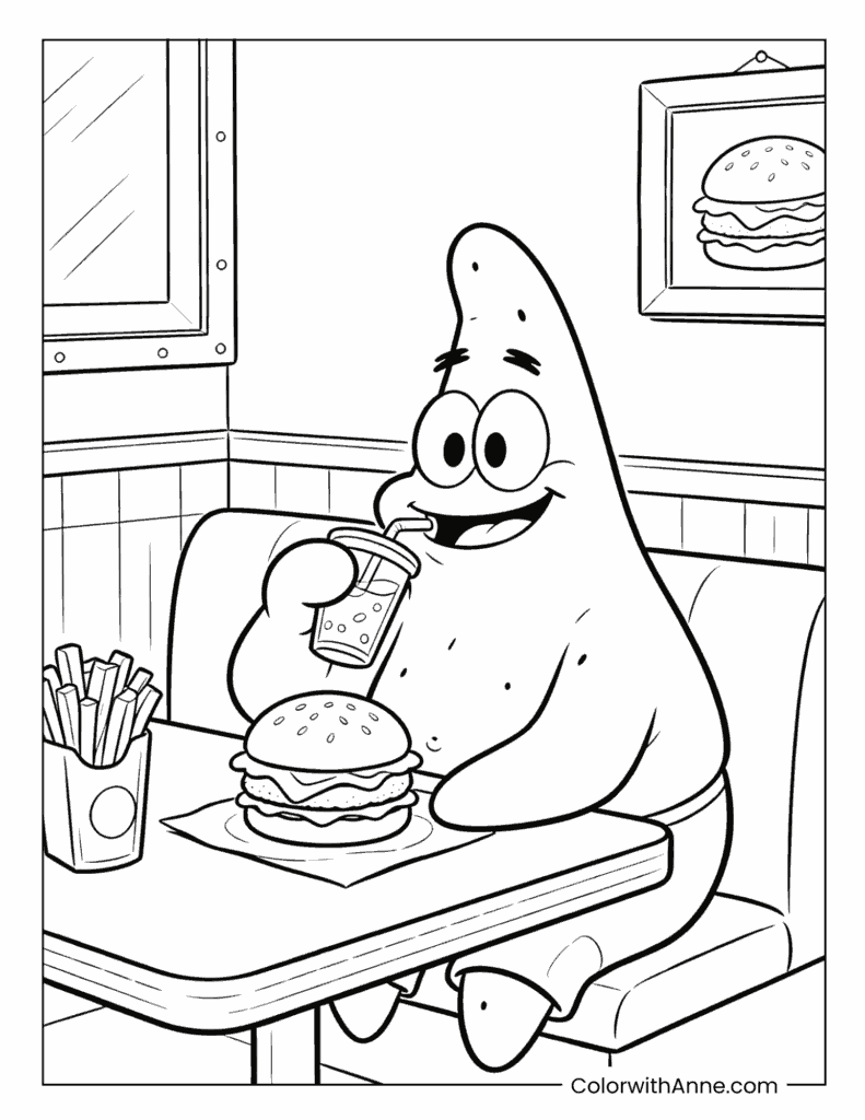 Patrick Eating a Krabby Patty Meal Coloring Page
