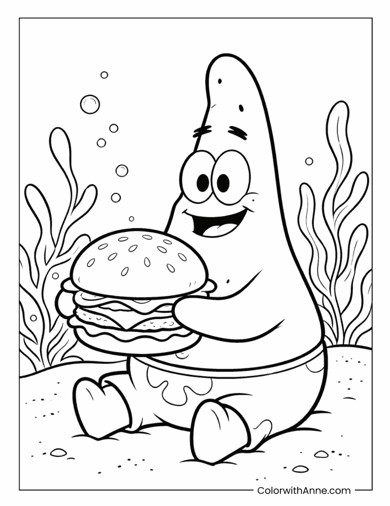 Patrick Holding a Krabby Patty Coloring Page