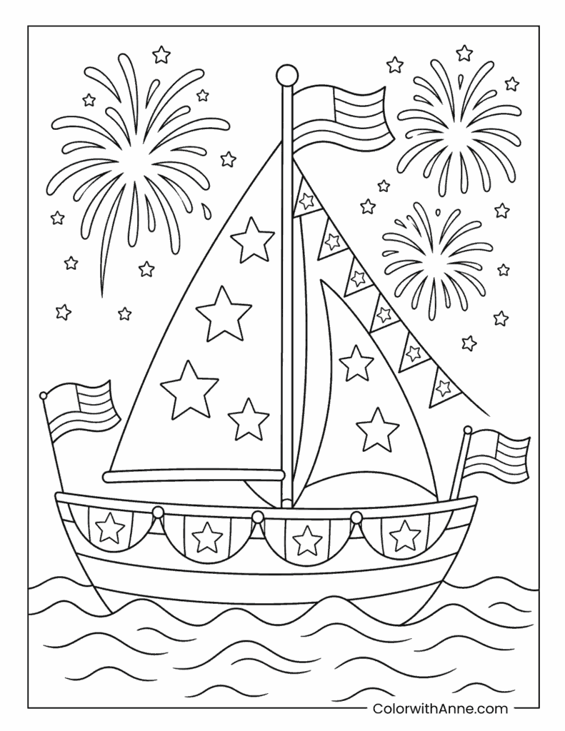 Patriotic Sailboat and Fireworks 4th of July Coloring Page