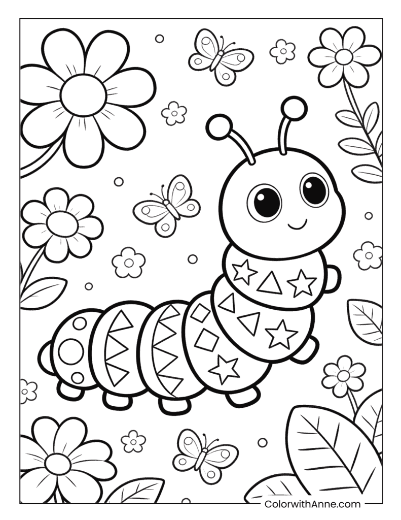 Patterned Caterpillar with Flowers and Butterflies Coloring Page