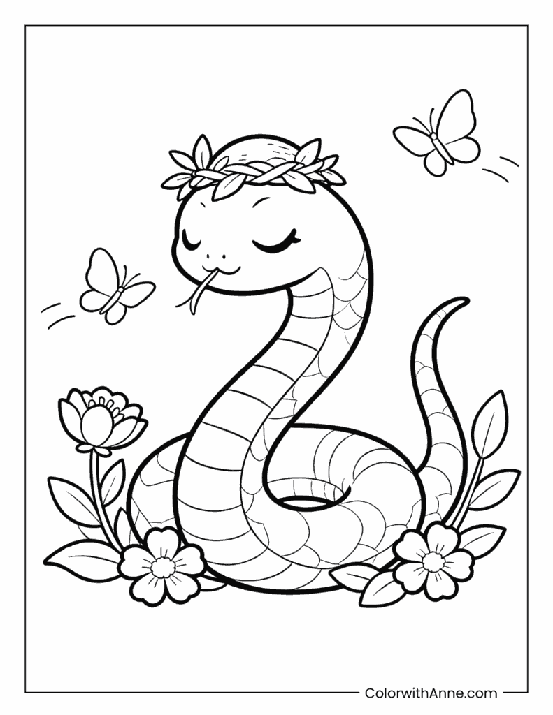 Peaceful Snake with Flower Crown Coloring Page
