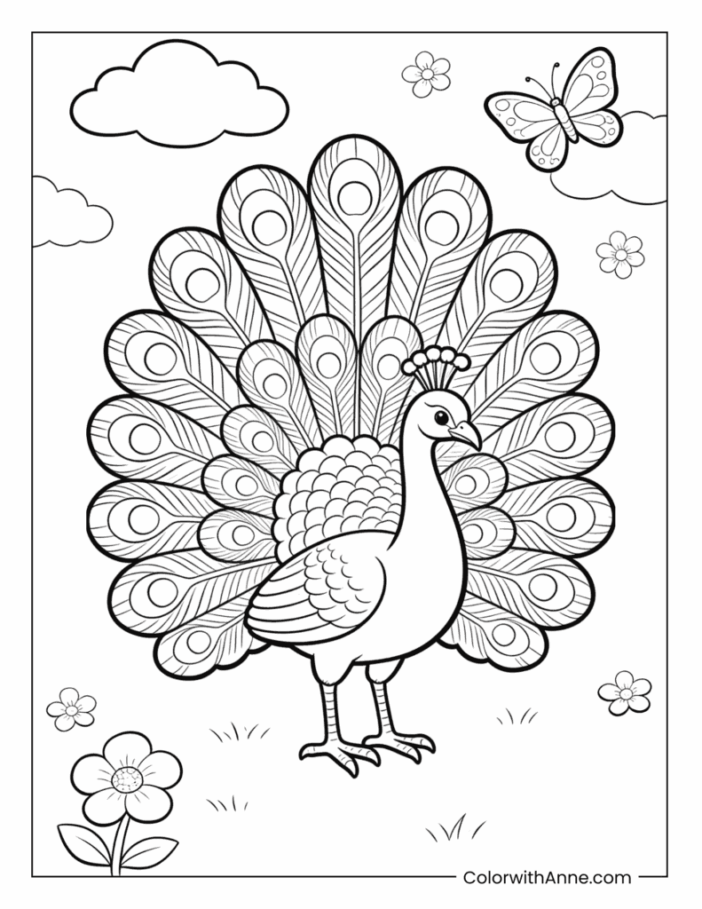 Peacock with Butterfly and Clouds Coloring Page