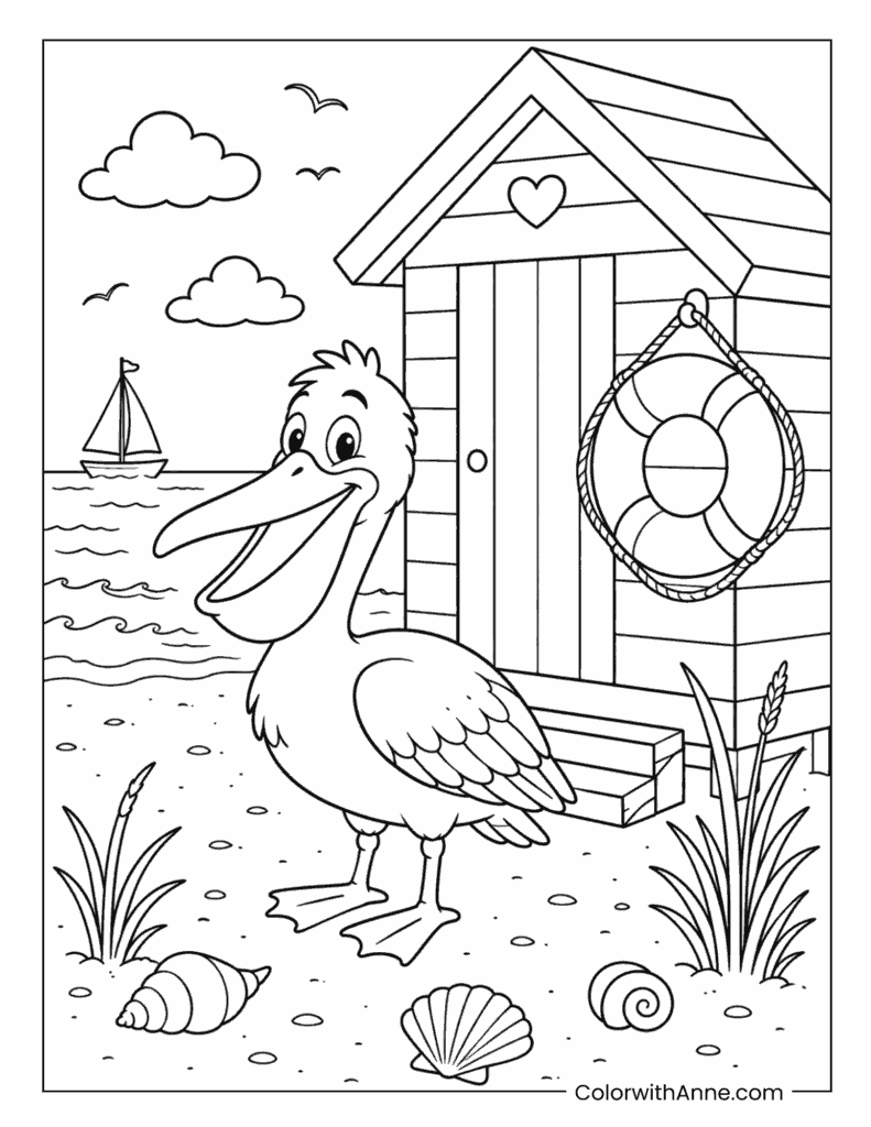 Pelican Beside a Beach Hut Coloring Page