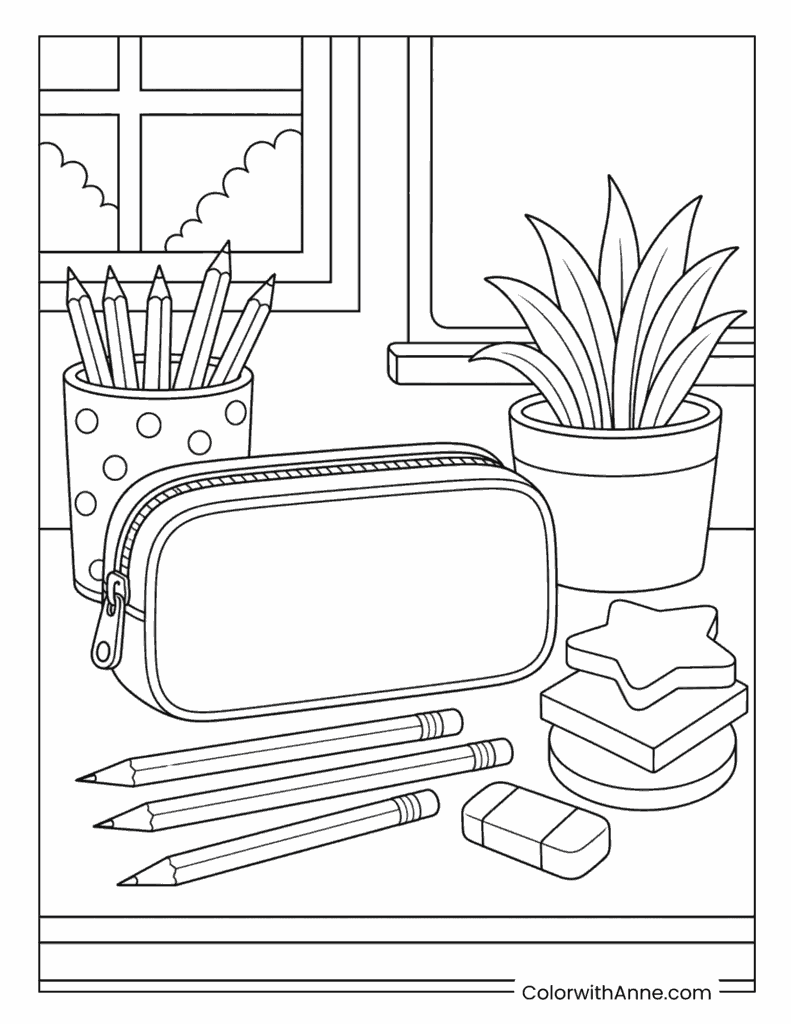 Pencil Case and School Supplies on a Desk Coloring Page