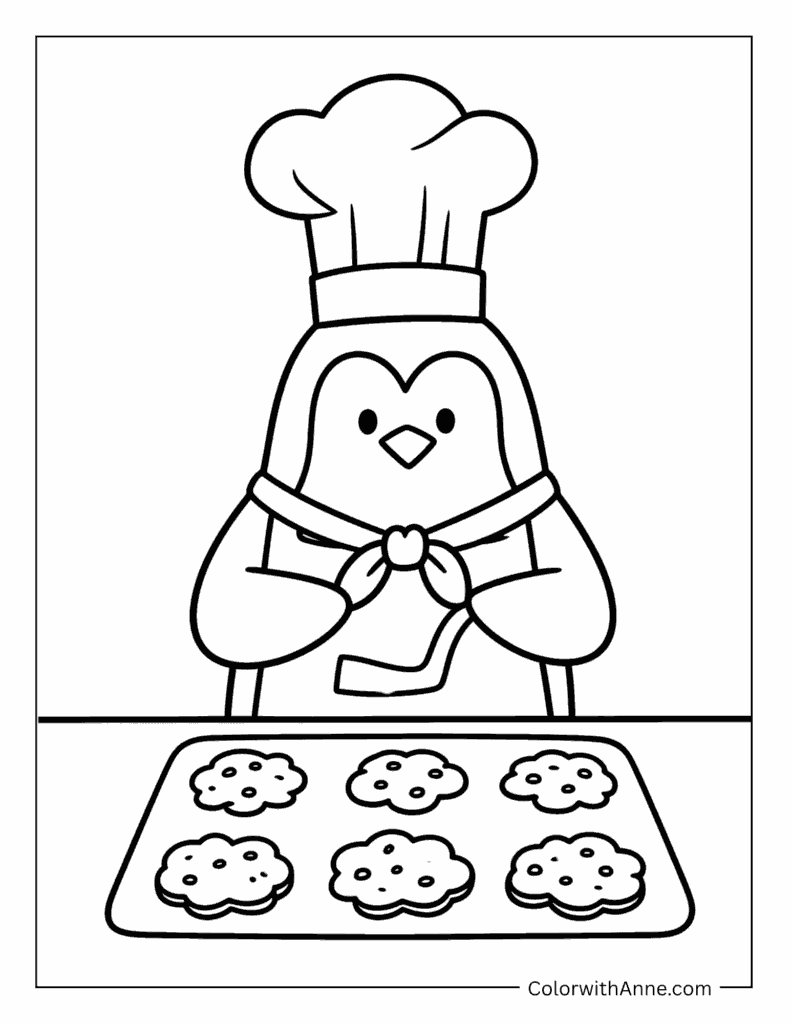 Penguin Chef Baking Cookies Coloring Page