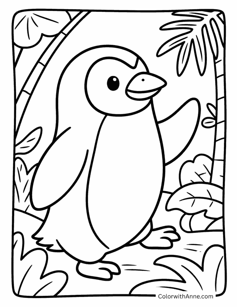 Penguin Exploring a Jungle Coloring Page