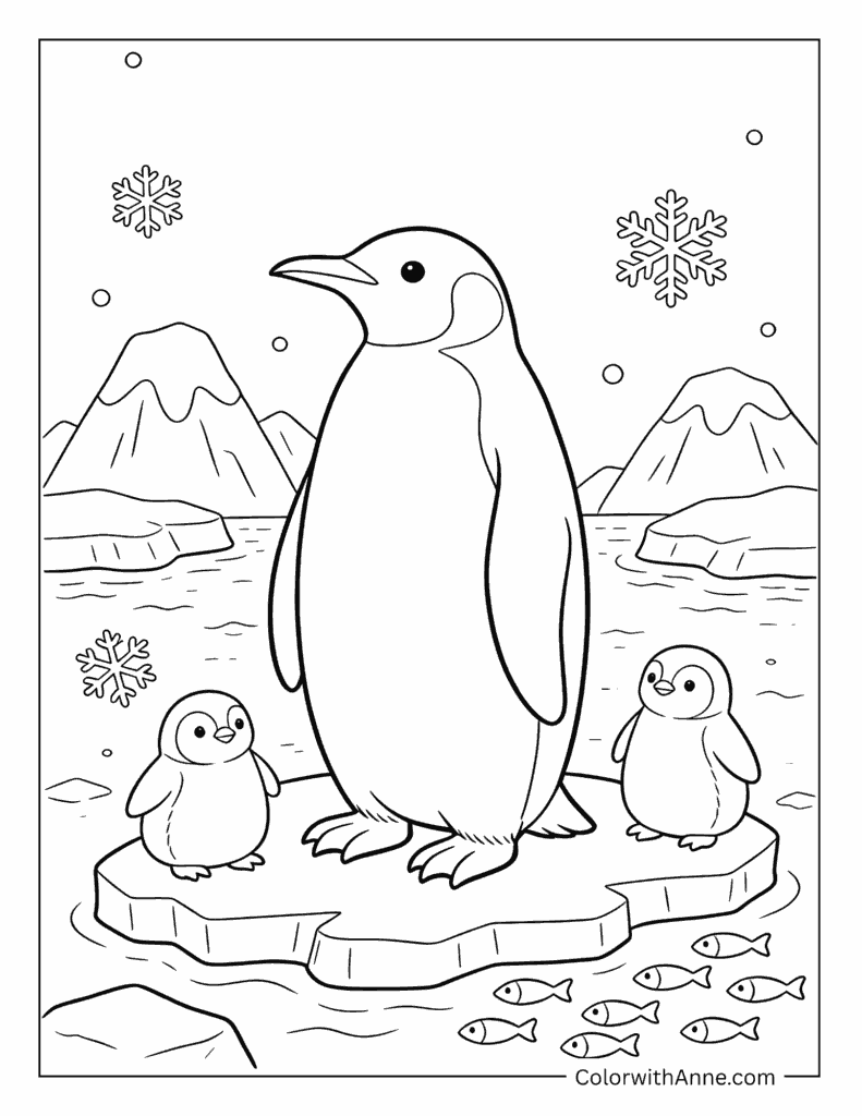 Penguin Family on an Ice Floe Coloring Page