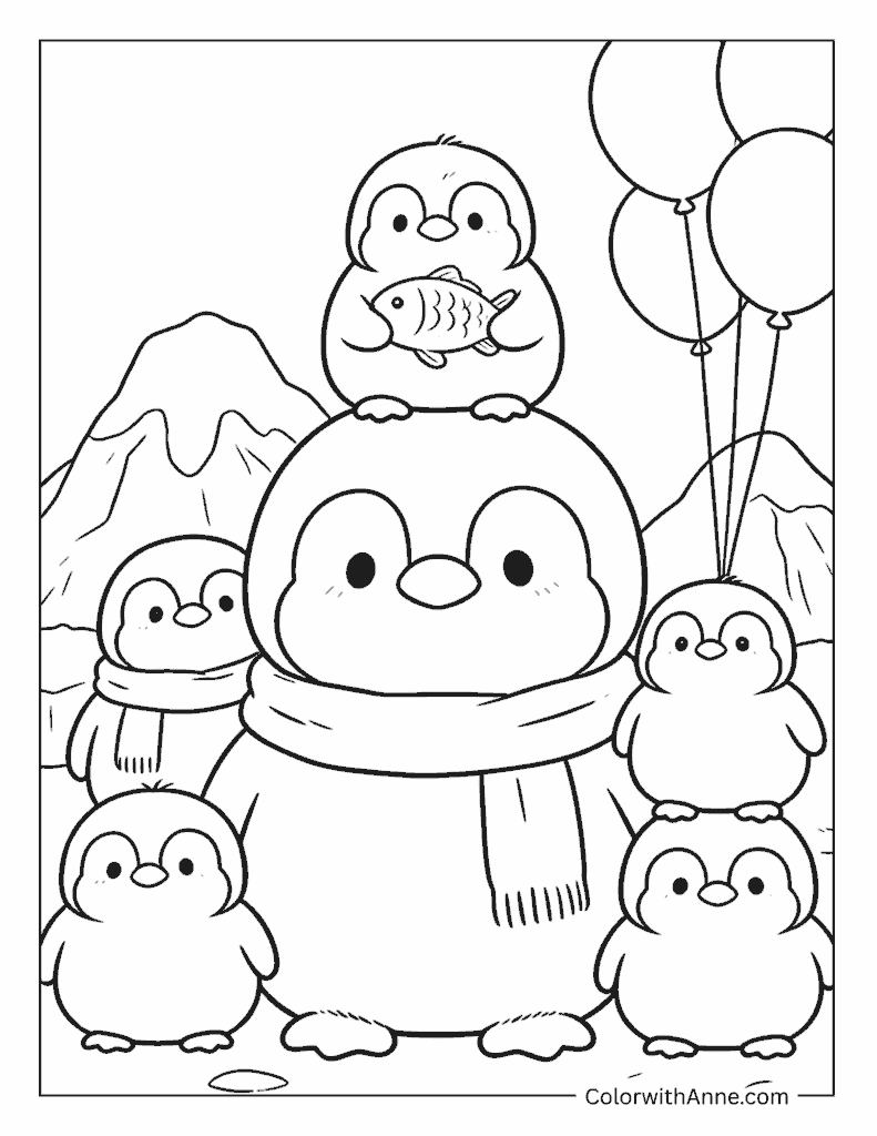 Penguin Family with Balloons Coloring Page