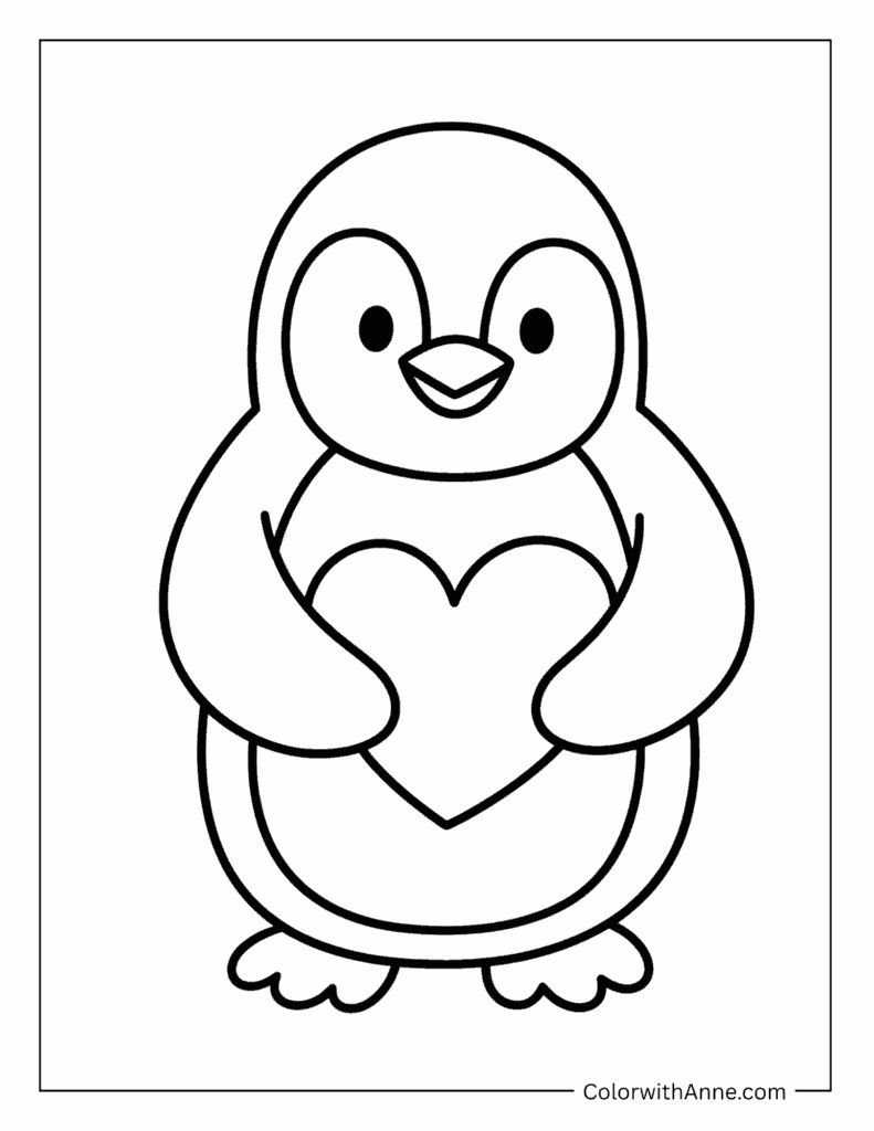 Penguin Holding a Heart for Valentine's Day Coloring Page