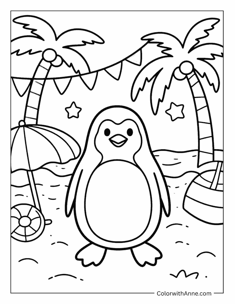 Penguin at a Beach Party Coloring Page