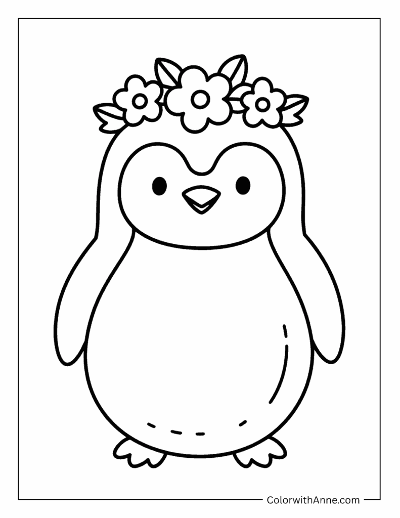 Penguin in a Flower Crown Coloring Page