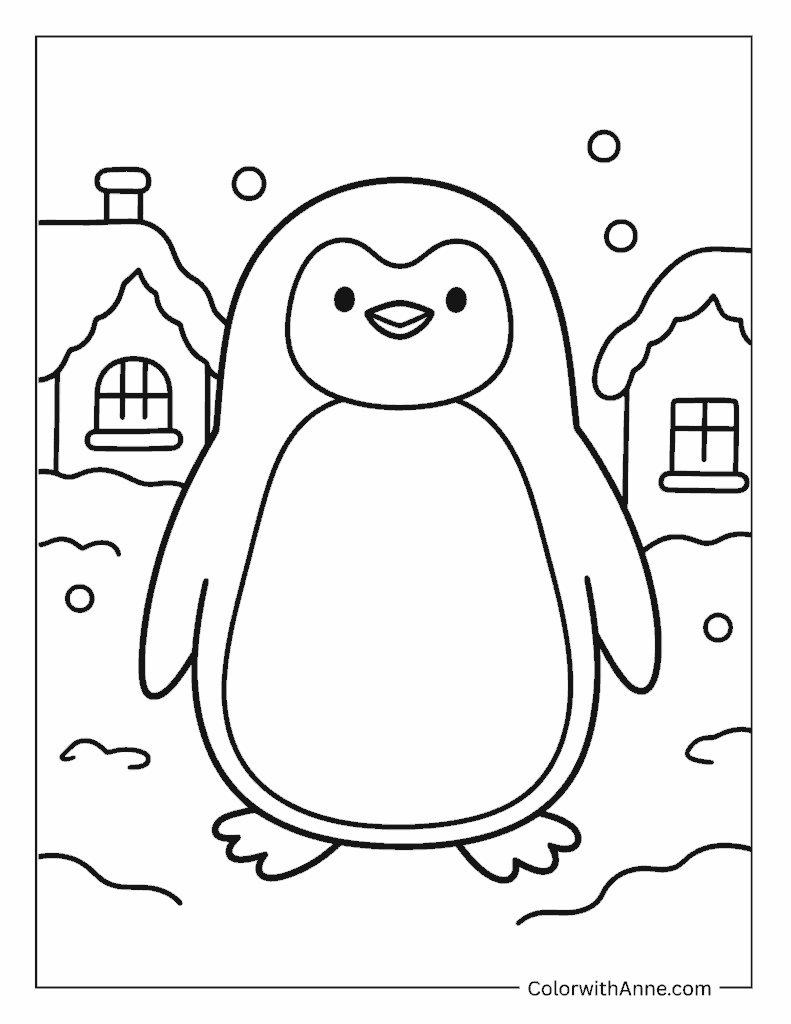 Penguin in a Snowy Village Coloring Page