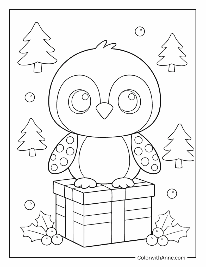 Penguin on a Christmas Gift Box Coloring Page