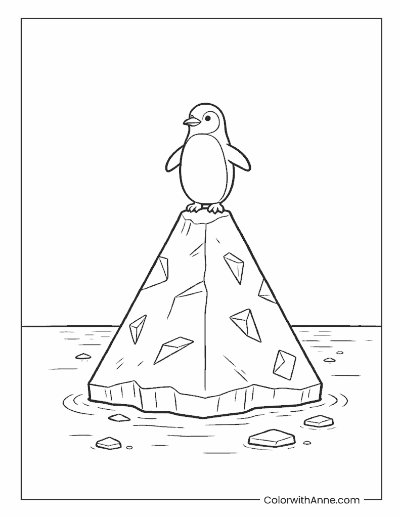 Penguin on a Melting Iceberg Earth Day Coloring Page