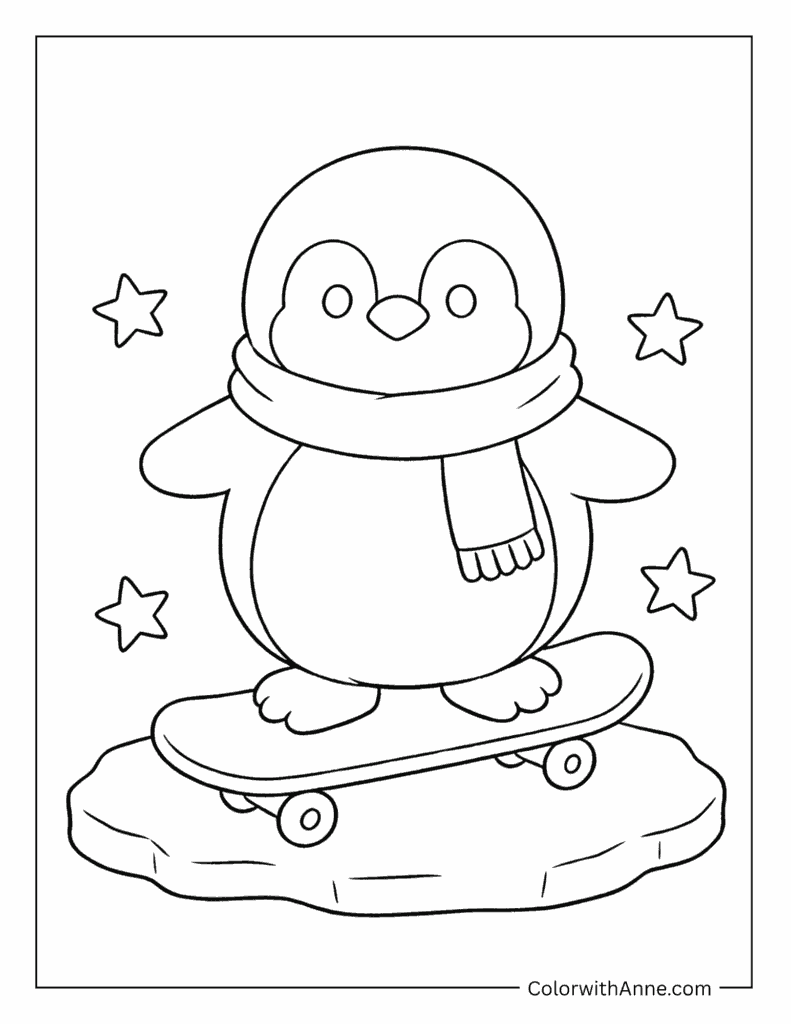 Penguin on a Skateboard Coloring Page