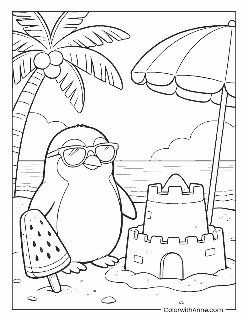 Penguin with Sunglasses on the Beach Summer Coloring Page