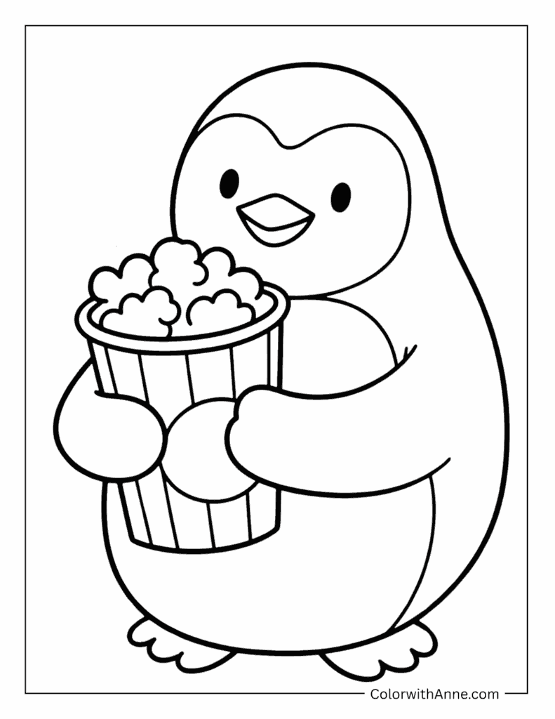 Penguin with a Popcorn Bucket Coloring Page