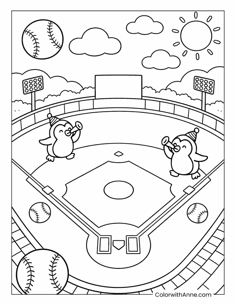 Penguins Celebrating a Win on the Baseball Field Coloring Page