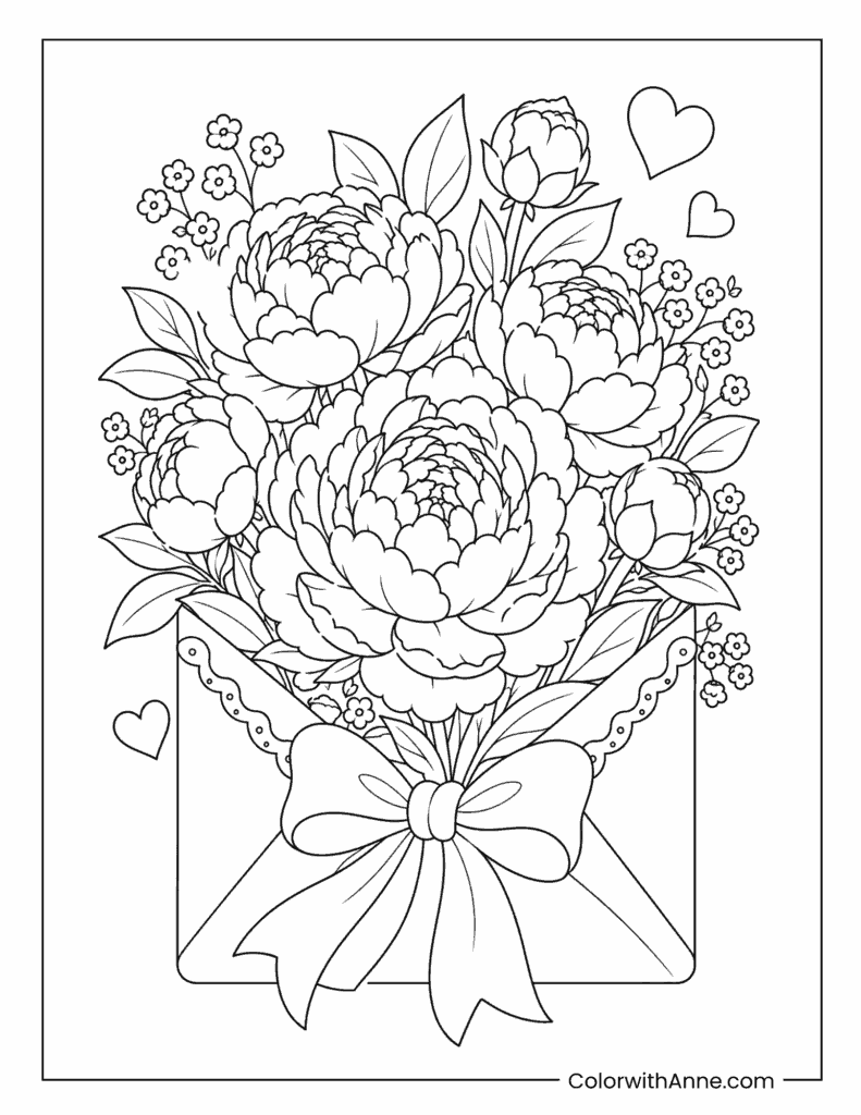 Peony Flower Envelope Bouquet Coloring Page