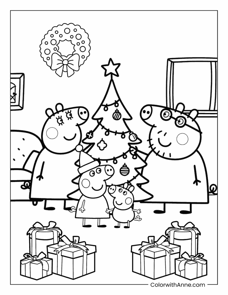Peppa Family Decorating Christmas Trees Coloring Page