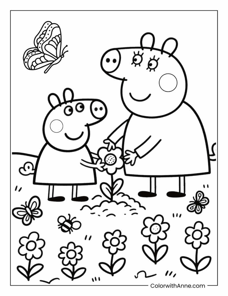 Peppa Pig Helping Mummy Pig Plant Flowers Coloring Page