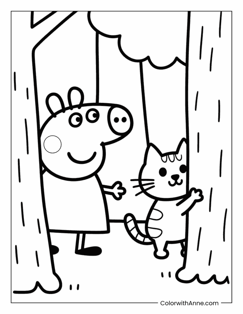 Peppa and Candy Cat in the Forest Coloring Page