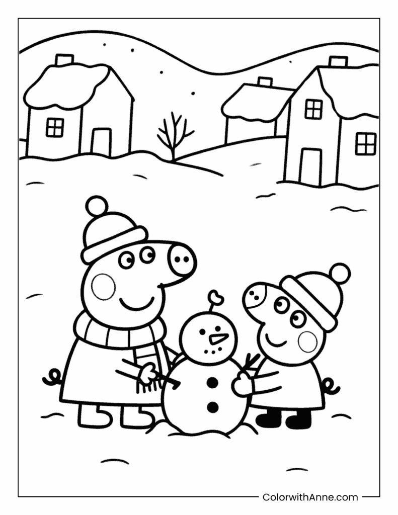 Peppa and George Building a Snowman Coloring Page