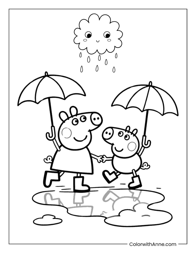 Peppa and George Dancing in Puddles Coloring Page