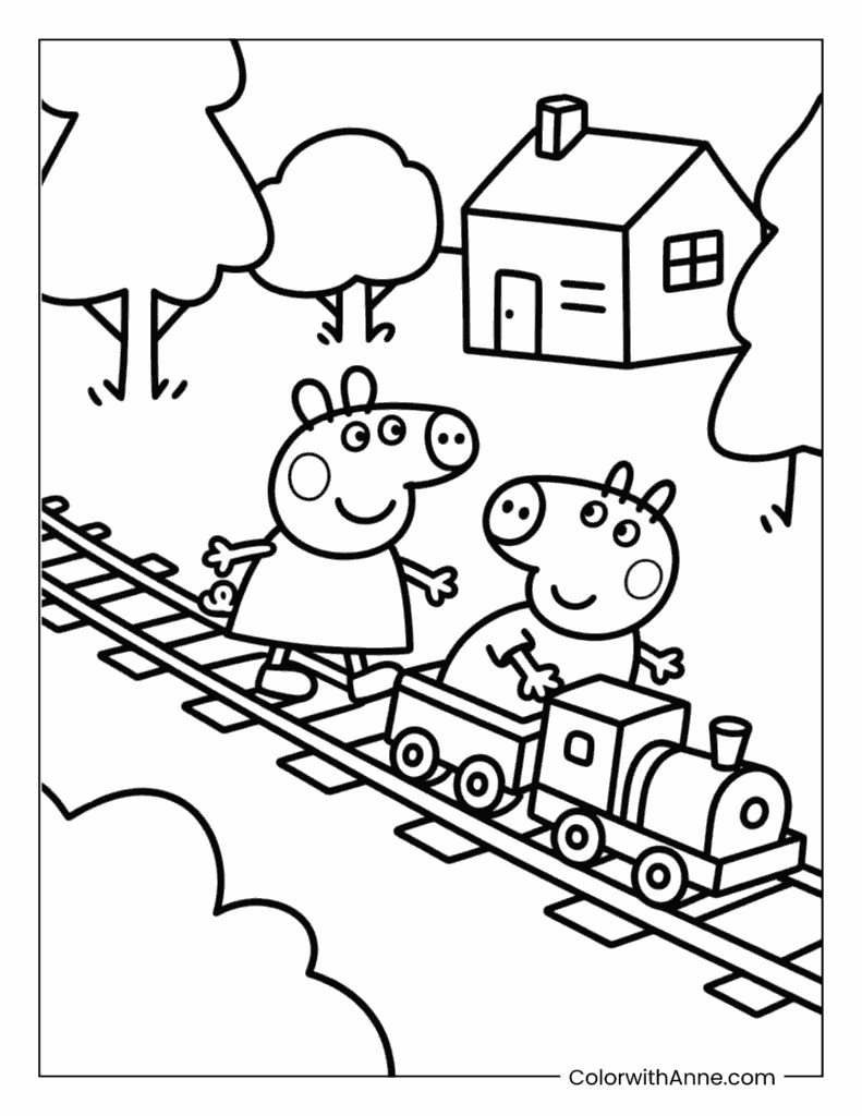 Peppa and George Playing with Toy Trains Coloring Page