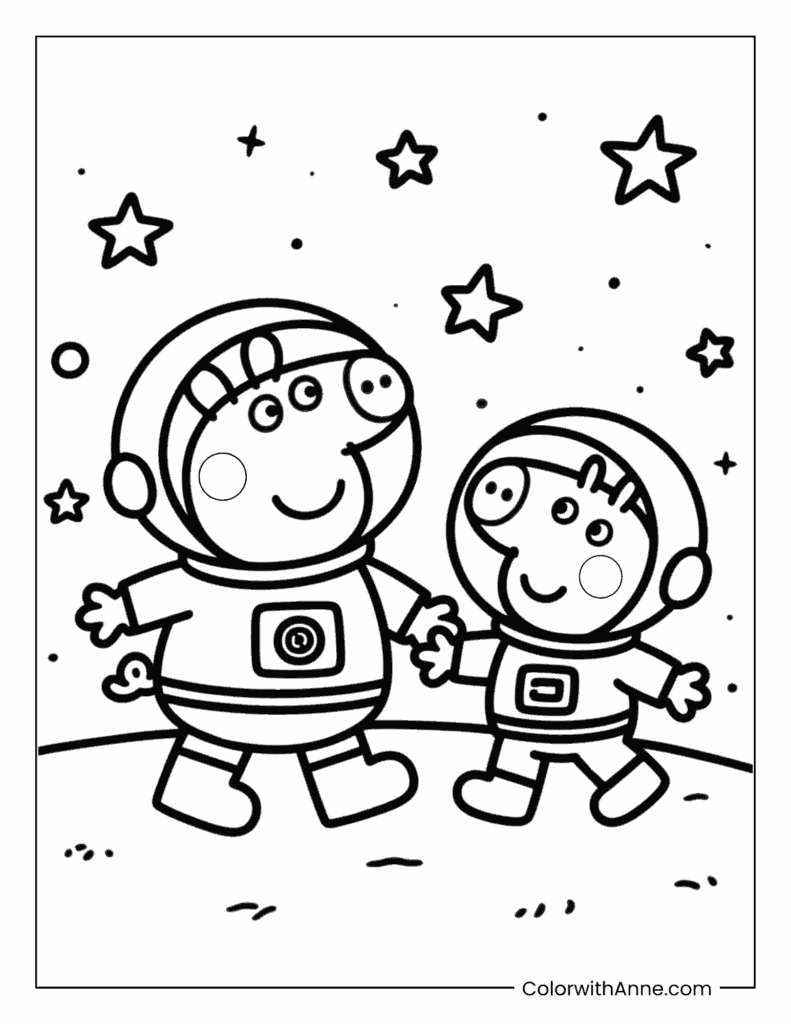Peppa and George as Astronauts Coloring Page