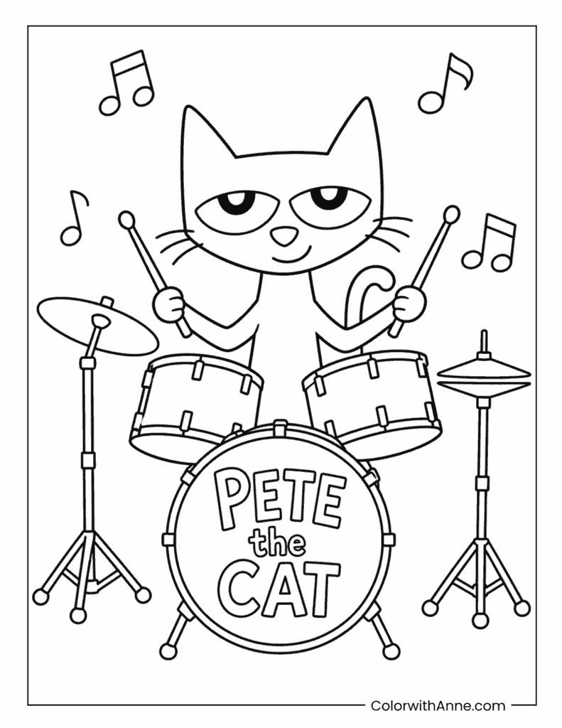 Pete the Cat Playing Drums Coloring Page