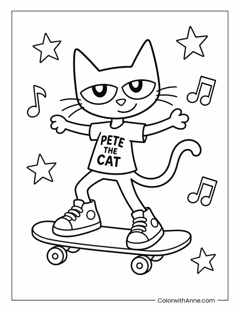 Pete the Cat Skateboarding Coloring Page
