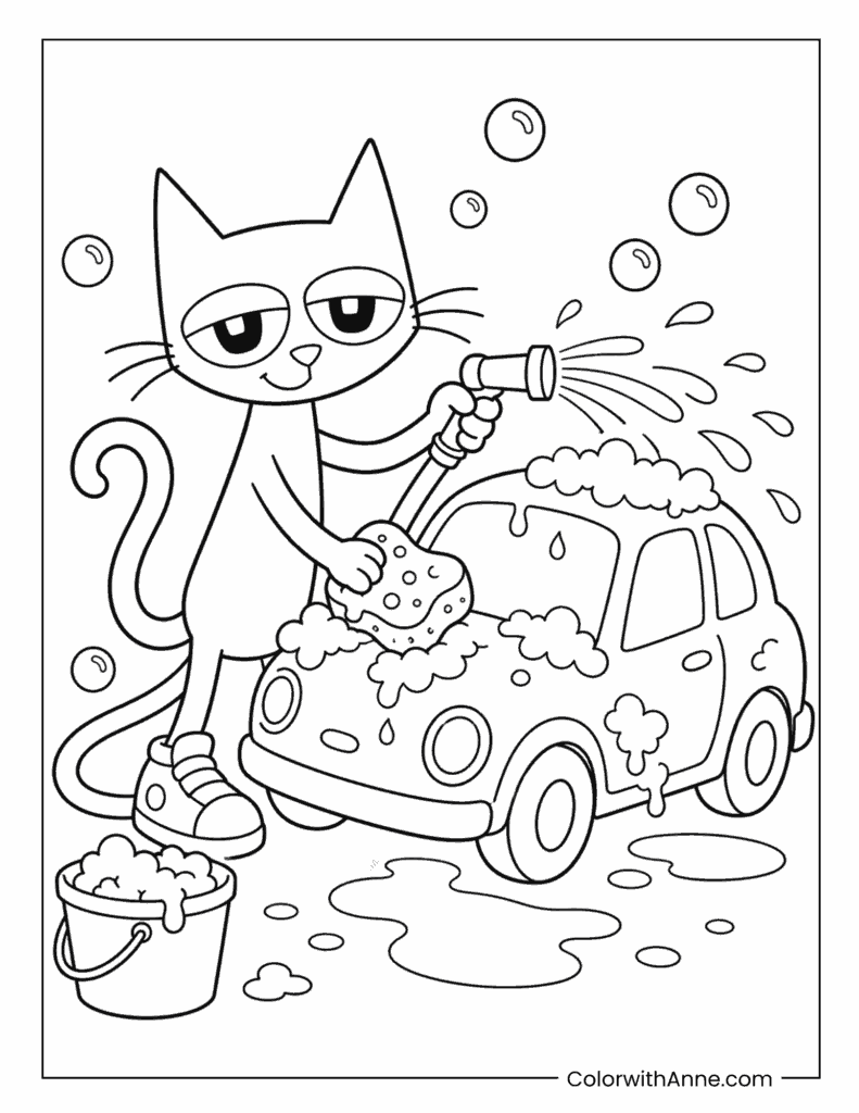 Pete the Cat Washing the Car Coloring Page