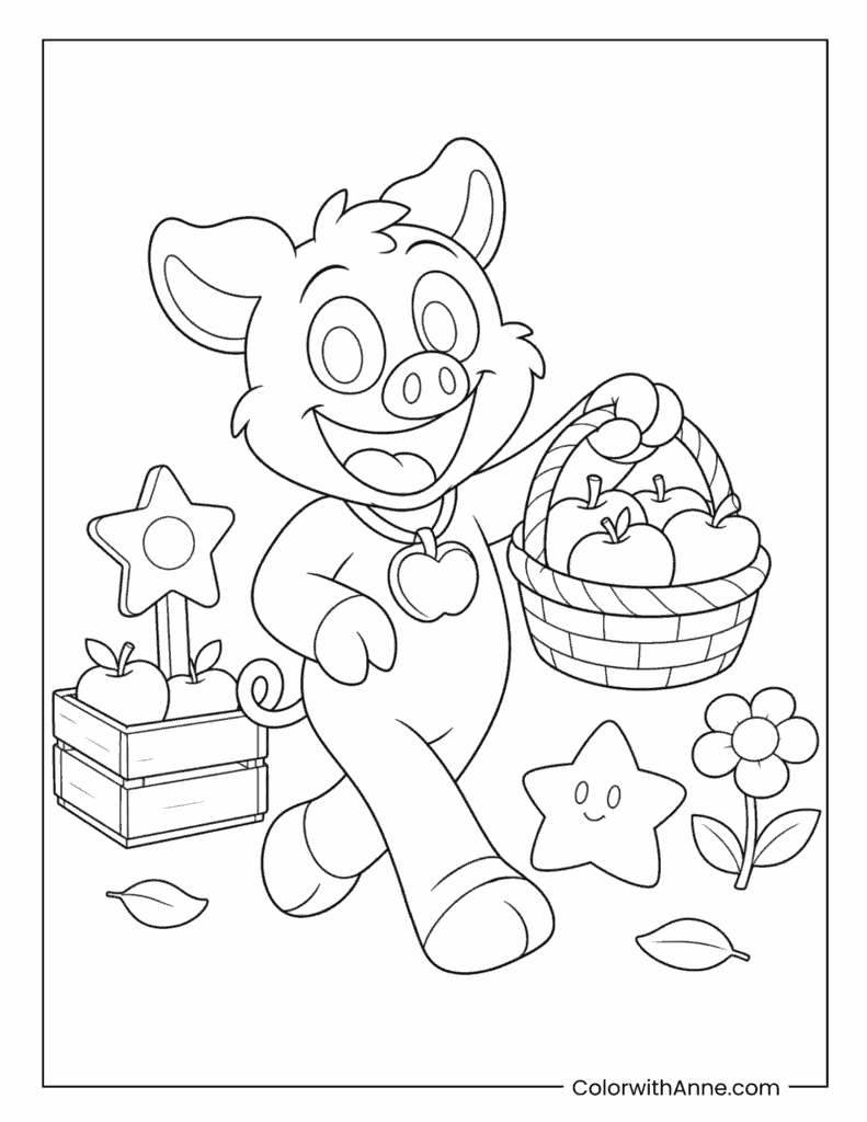 PickyPiggy with Apple Basket Coloring Page