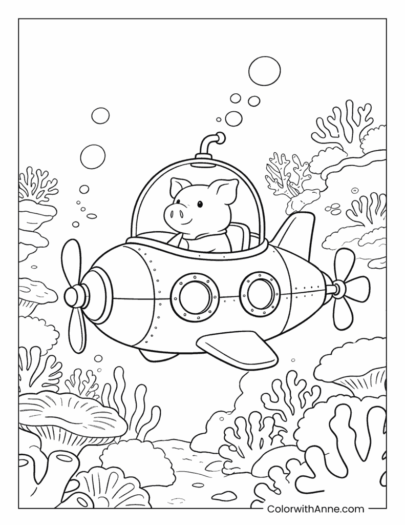 Pig Captain in a Submarine Coloring Page