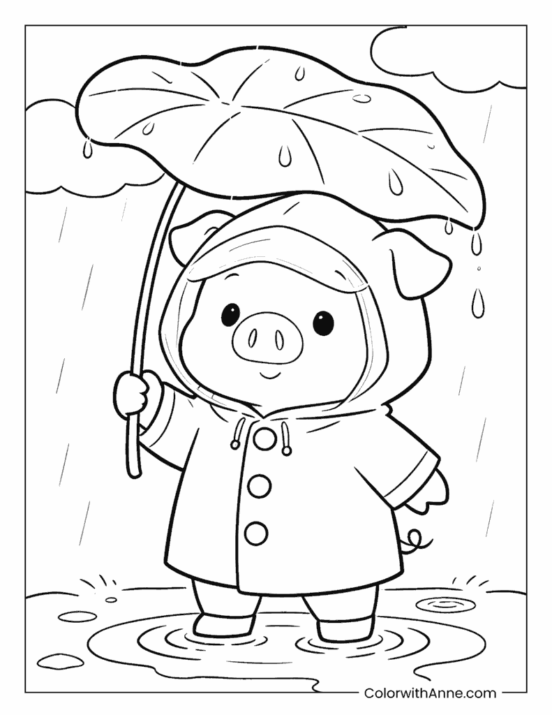 Pig Playing in the Rain Coloring Page