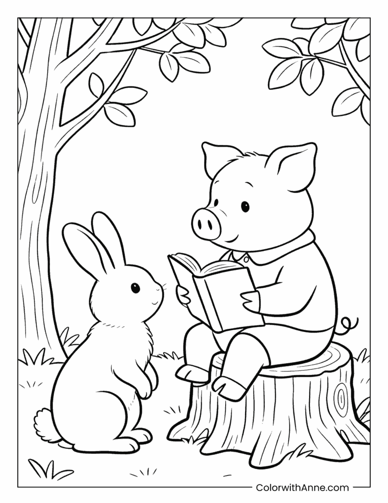 Pig Reading to a Rabbit in the Forest Coloring Page