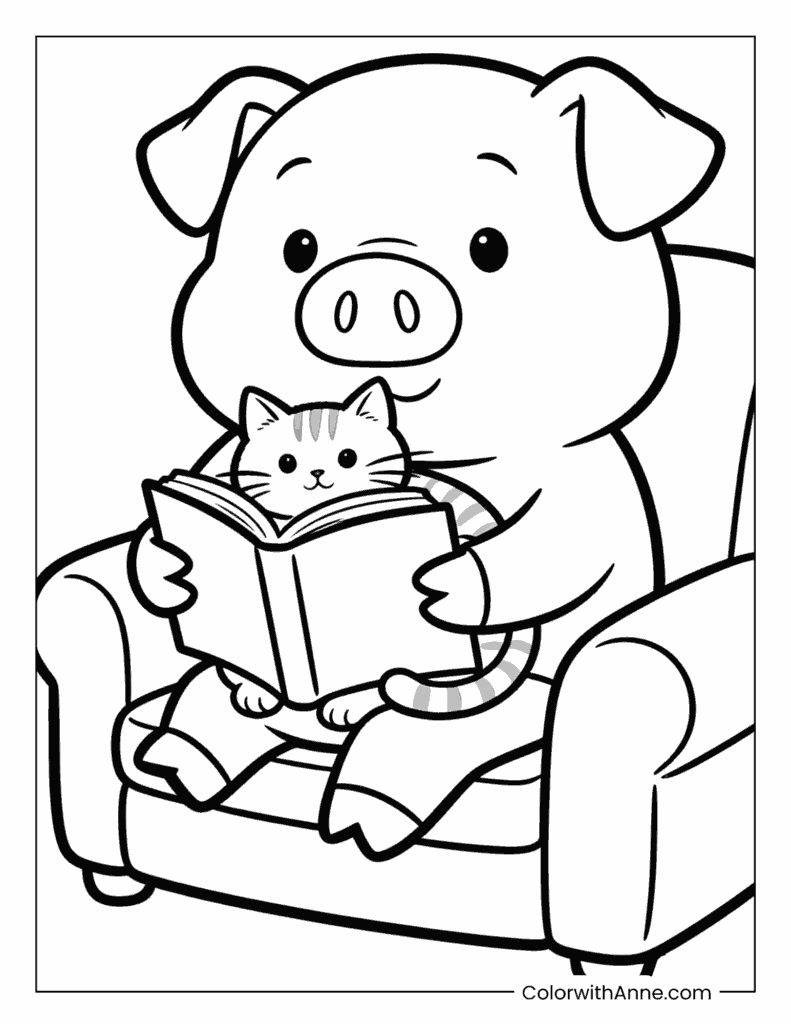 Pig Reading with a Kitten Coloring Page